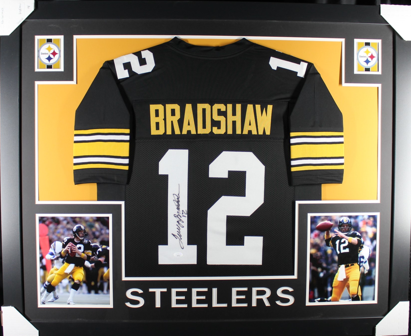 Terry Bradshaw Autographed Pro Style Black XL Framed Jersey 35x43 JSA 53747