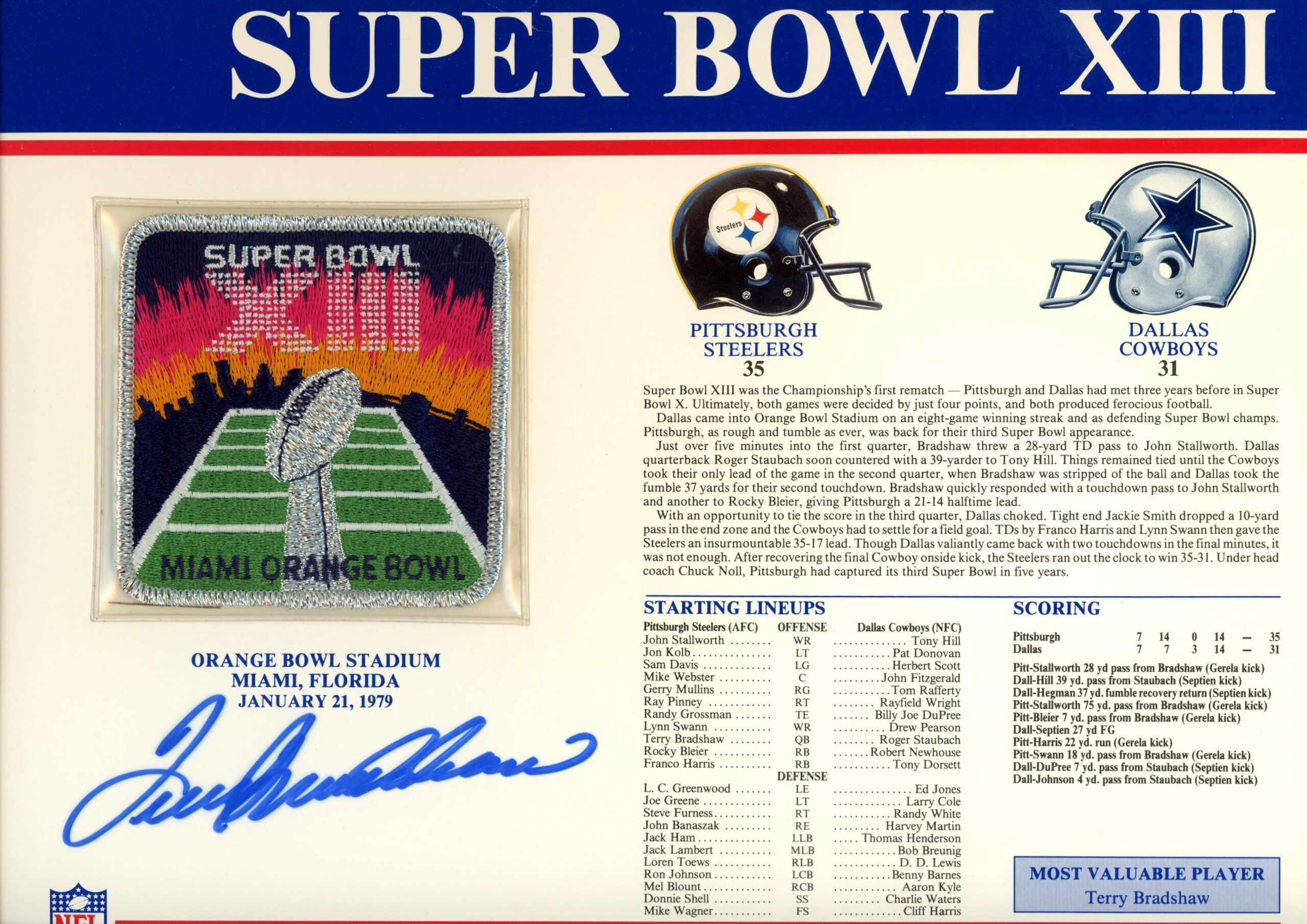 Terry Bradshaw Autographed Pittsburgh Steelers SB XIII Patch Card Beckett 54945 1 Terry Bradshaw Autographed Pittsburgh Steelers SB XIII Patch Card Beckett 54945