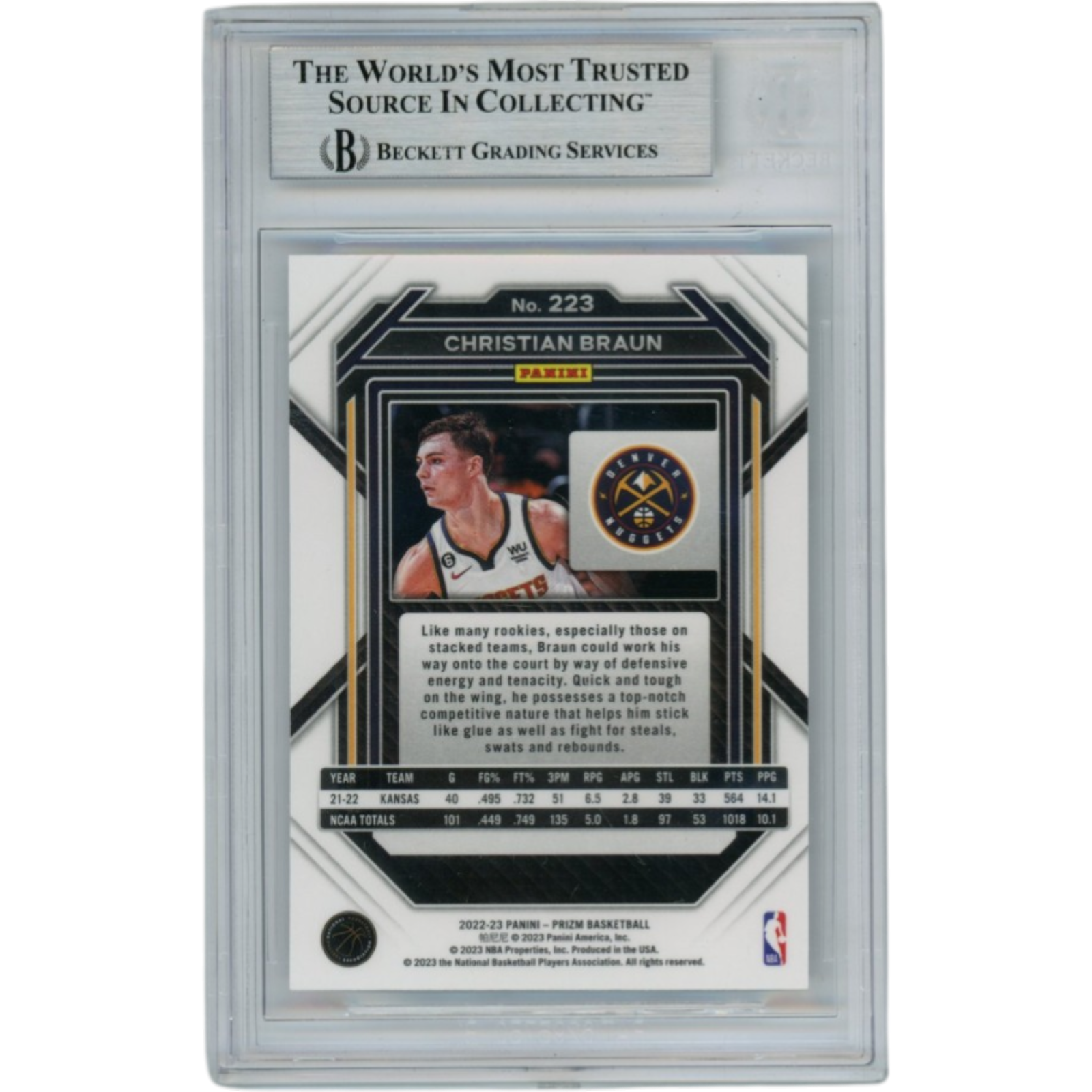 Christian Braun Autographed 2022 Prizm #223 Slabbed Trading Card Beckett 52709