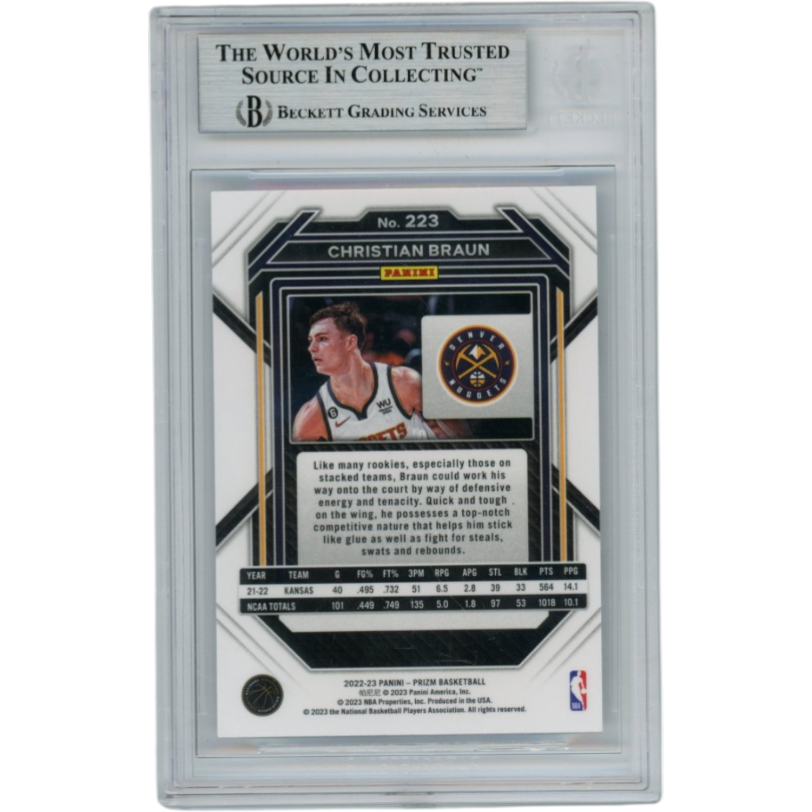 Christian Braun Autographed 2022 Prizm #223 Slabbed Trading Card Beckett 52720