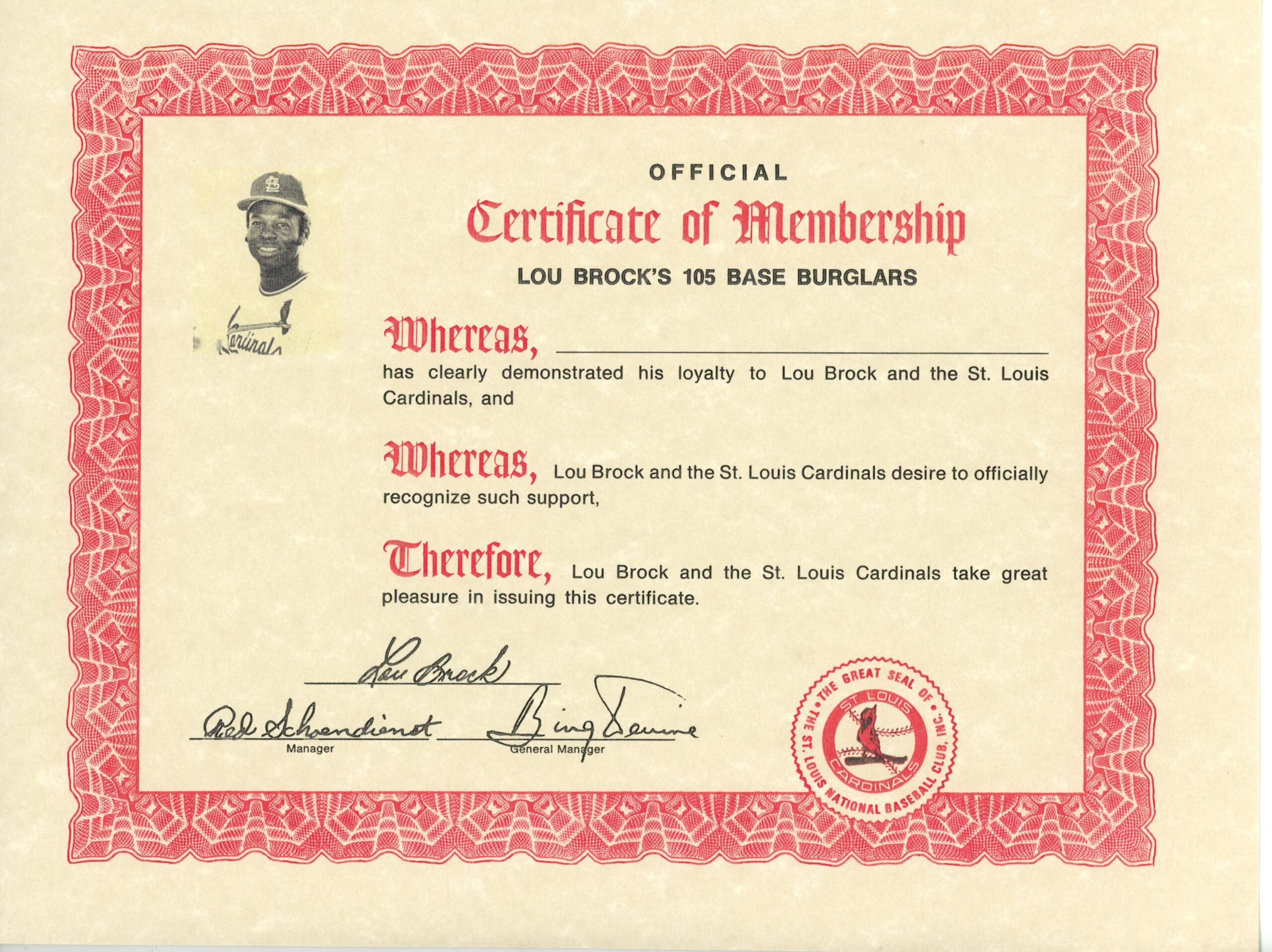 Lou Brock Saint Louis Cardinal 105 Base Burglars 1974 Certificate 56269