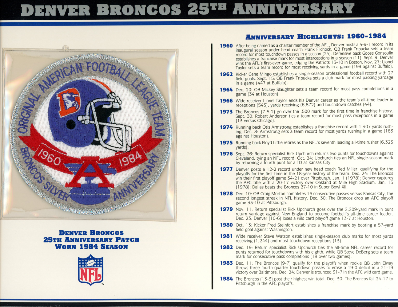 Denver Broncos 25th Anniversary Patch Stat Card Official Willabee & Ward