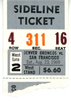 Denver Broncos vs San Francisco 49ers 08/23/1969 AFL Season Ticket Stub 35770