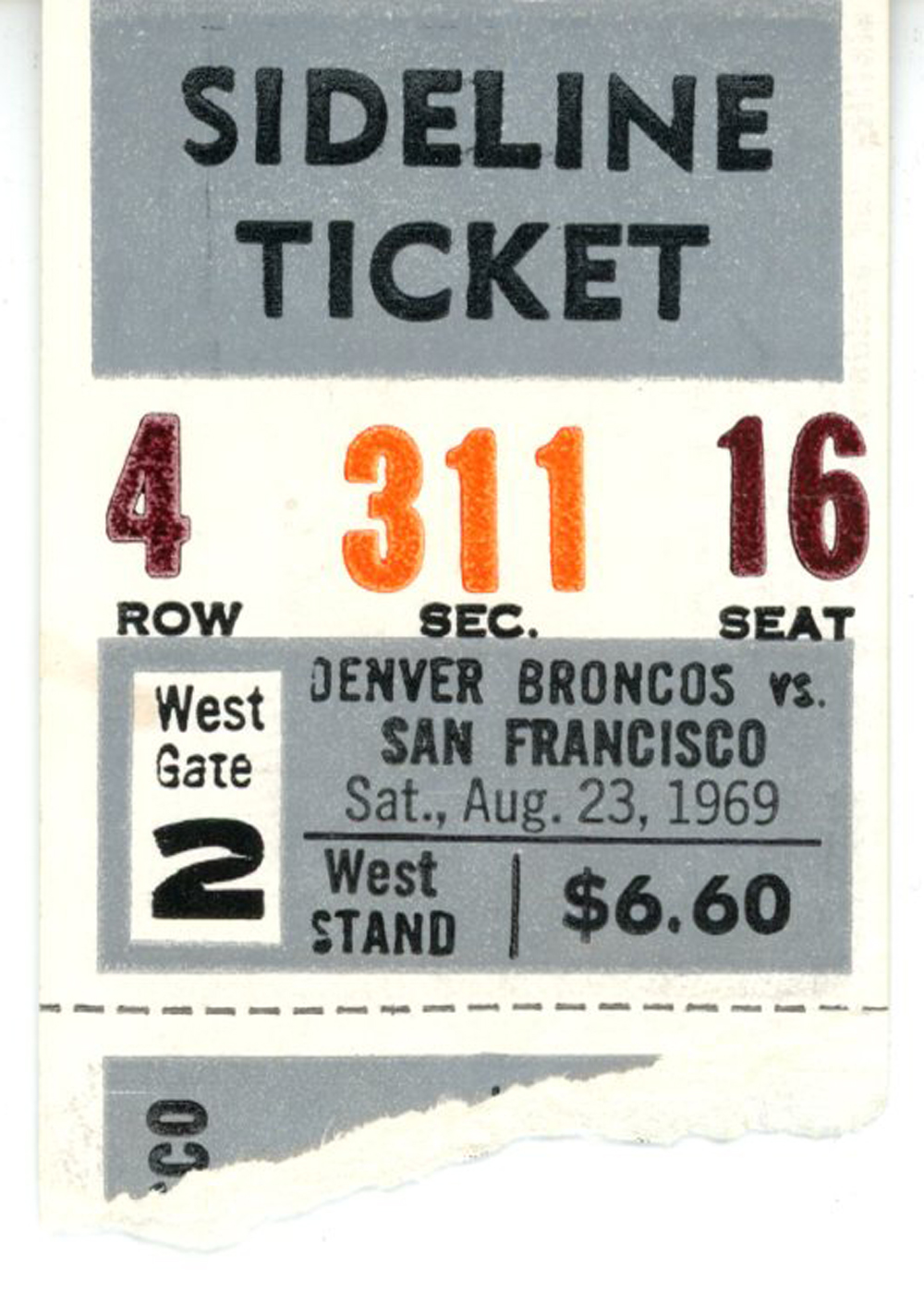 Denver Broncos vs San Francisco 49ers 08/23/1969 AFL Season Ticket Stub 35770