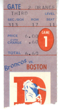 Denver Broncos vs Boston Patriots 09/14/69 Ticket Billy Thompson Debut 35768