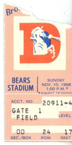 Denver Broncos vs Oakland Raiders 11/10/1968 AFL Season Ticket Stub 35769
