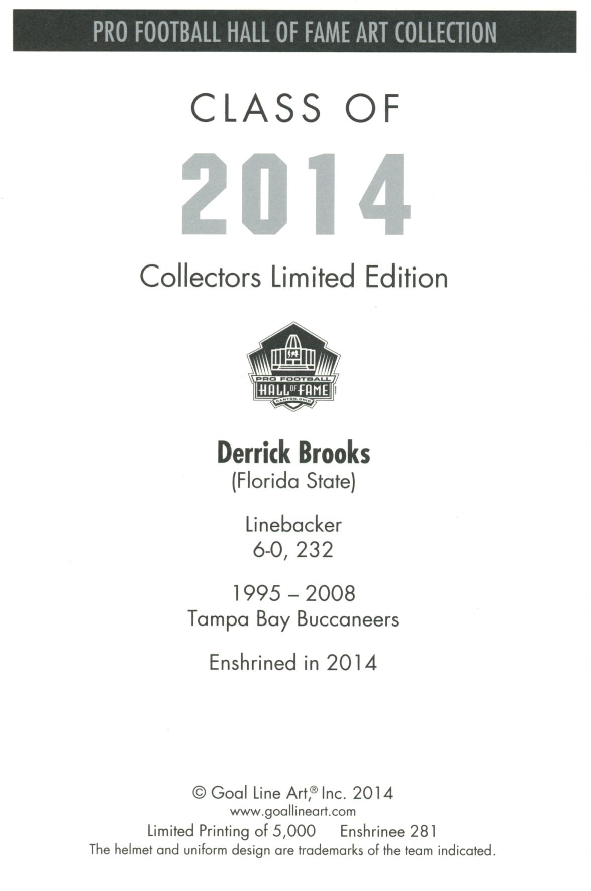Derrick Brooks Tampa Bay Buccaneers Goal Line Art Card Class of 2014 58043 2 Derrick Brooks Tampa Bay Buccaneers Goal Line Art Card Class of 2014 58043