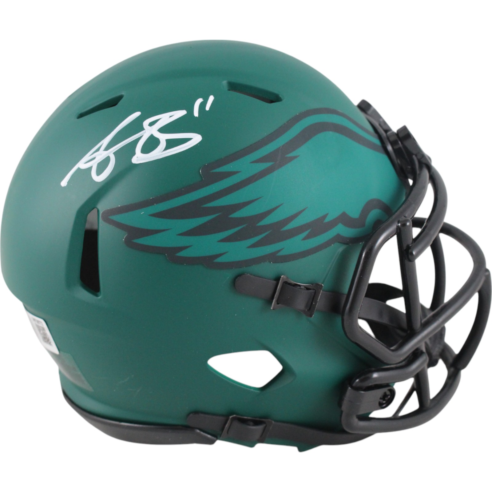 AJ Brown Autographed Philadelphia Eagles Rave Mini Helmet Beckett Witness 49801