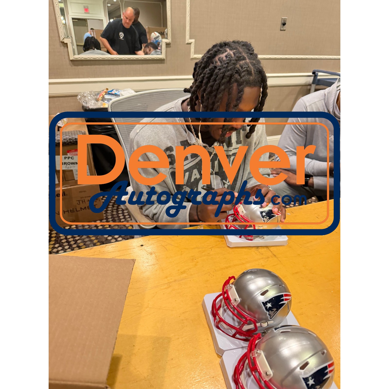 AJ Brown Autographed New England Patriots Mini Helmet Beckett Witnessed 57968 6 AJ Brown Autographed New England Patriots Mini Helmet Beckett Witnessed 57968