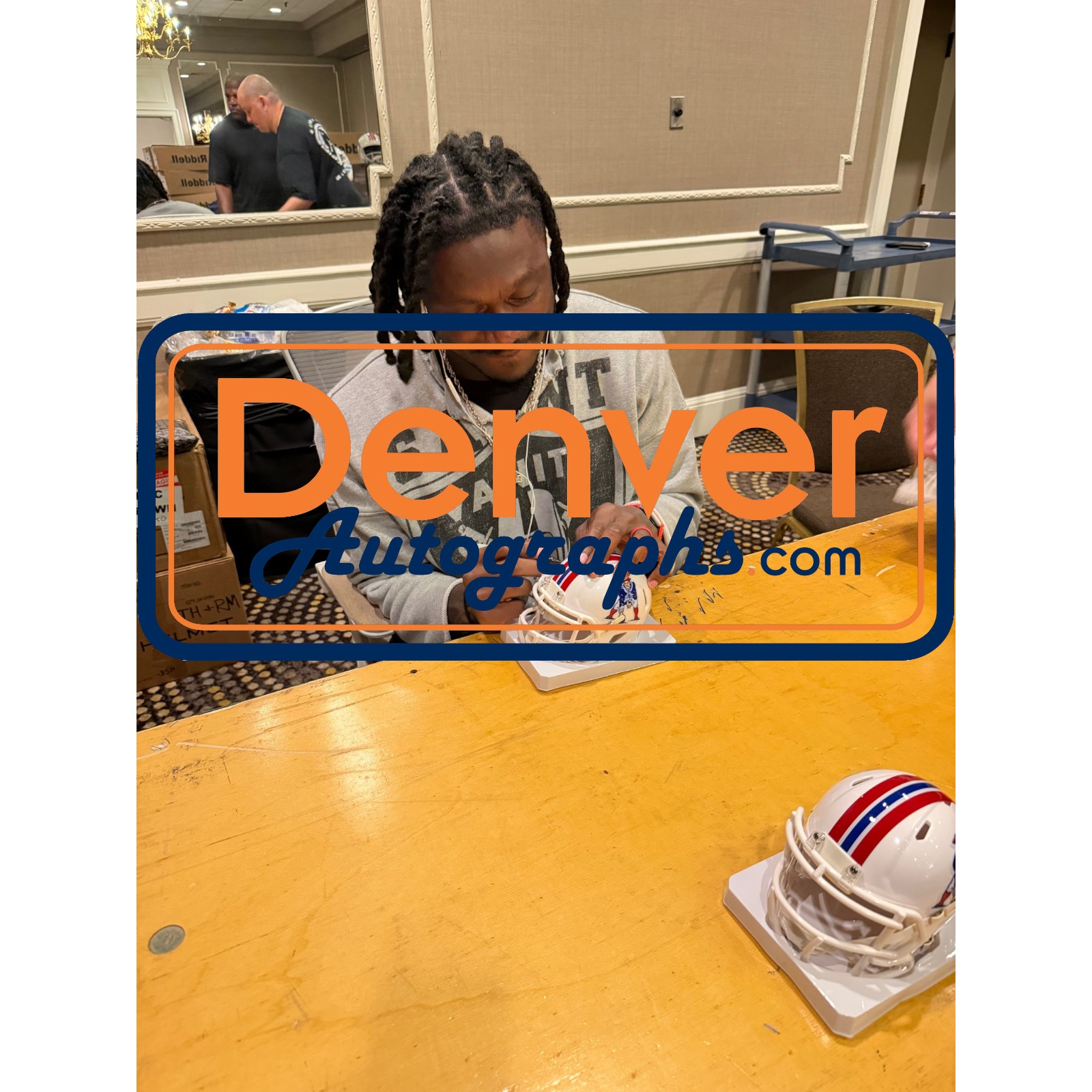 AJ Brown Signed New England Patriots 82-89 TB Mini Helmet Beckett WIT 57965 6 AJ Brown Signed New England Patriots 82-89 TB Mini Helmet Beckett WIT 57965