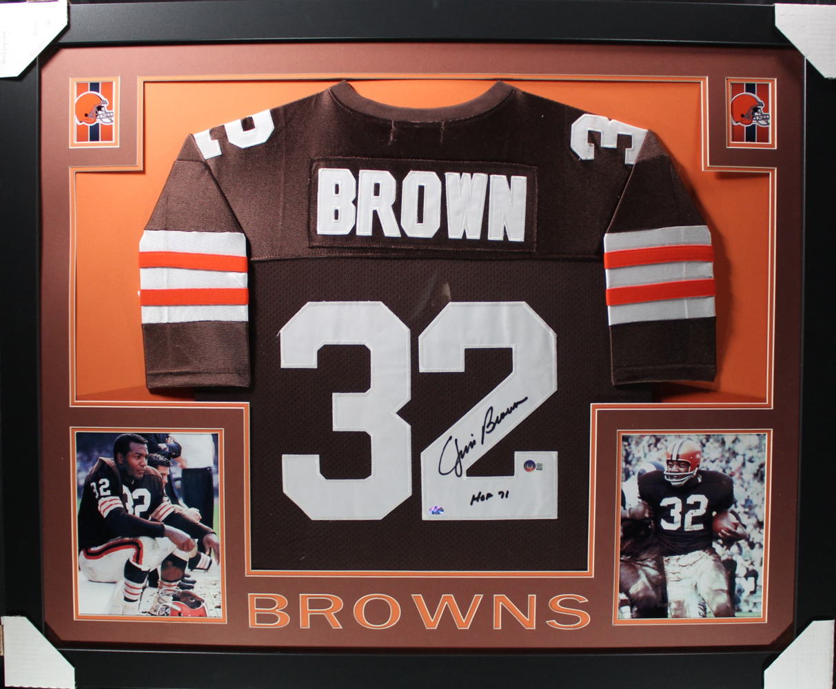 Jim Brown Autographed/Signed Pro Style Framed Brown XL Jersey Beckett