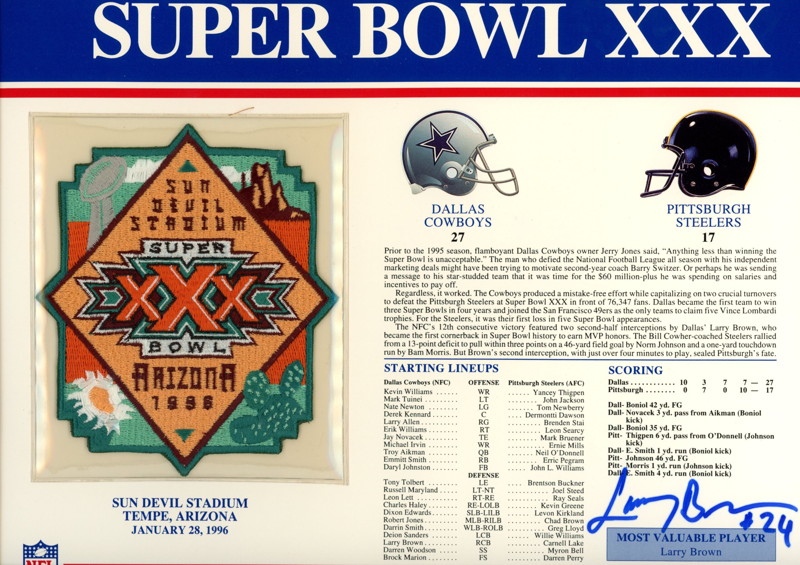 Larry Brown Autographed Dallas Cowboys SB XXX Patch Stat Card Beckett 54953