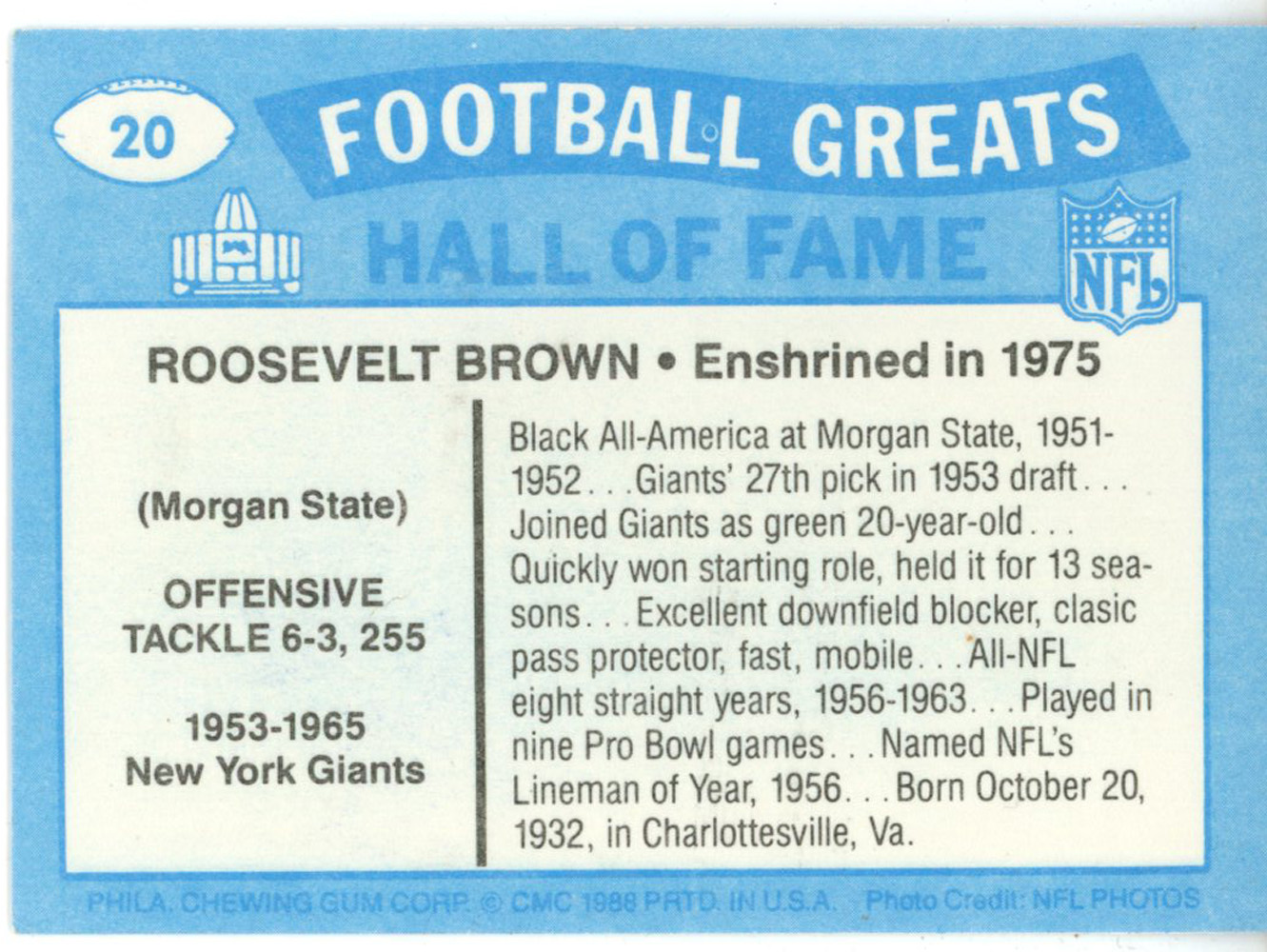 Roosevelt Brown Autographed/Signed New York Giants 1988 Swell HOF Card