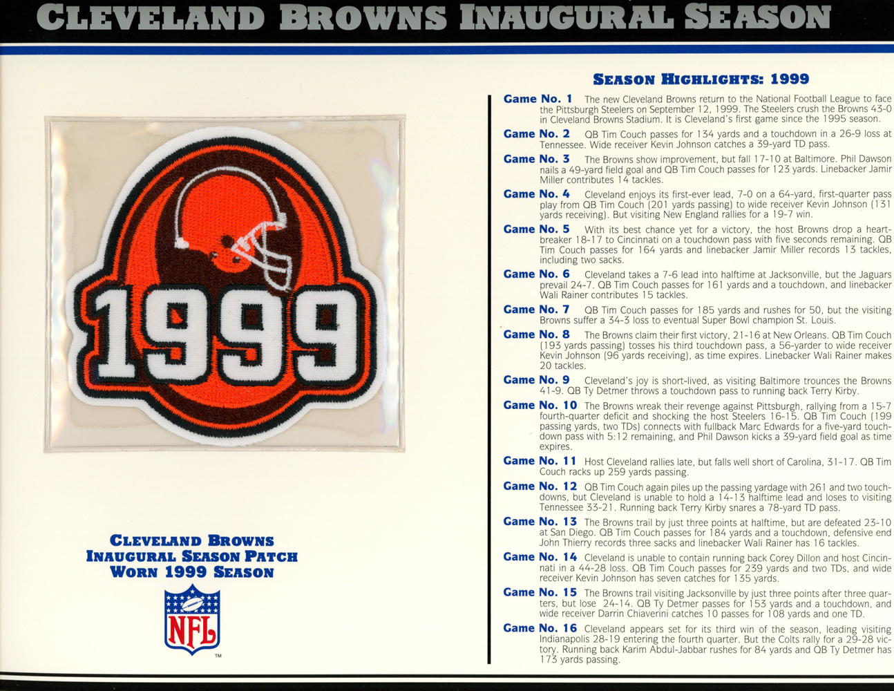 Cleveland Browns Inaugural Season Patch 1999 Stat Card Willabee & Ward –  Denver Autographs
