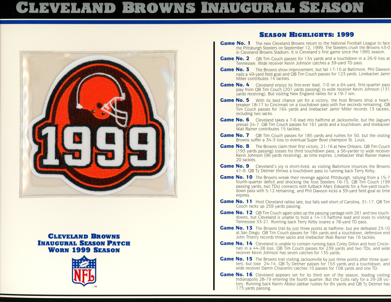 Cleveland Browns Inaugural Season Patch 1999 Stat Card Willabee & Ward