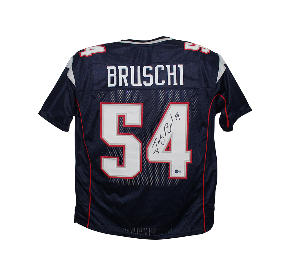 Tedy Bruschi Autographed/Signed Pro Style Blue XL Jersey Beckett