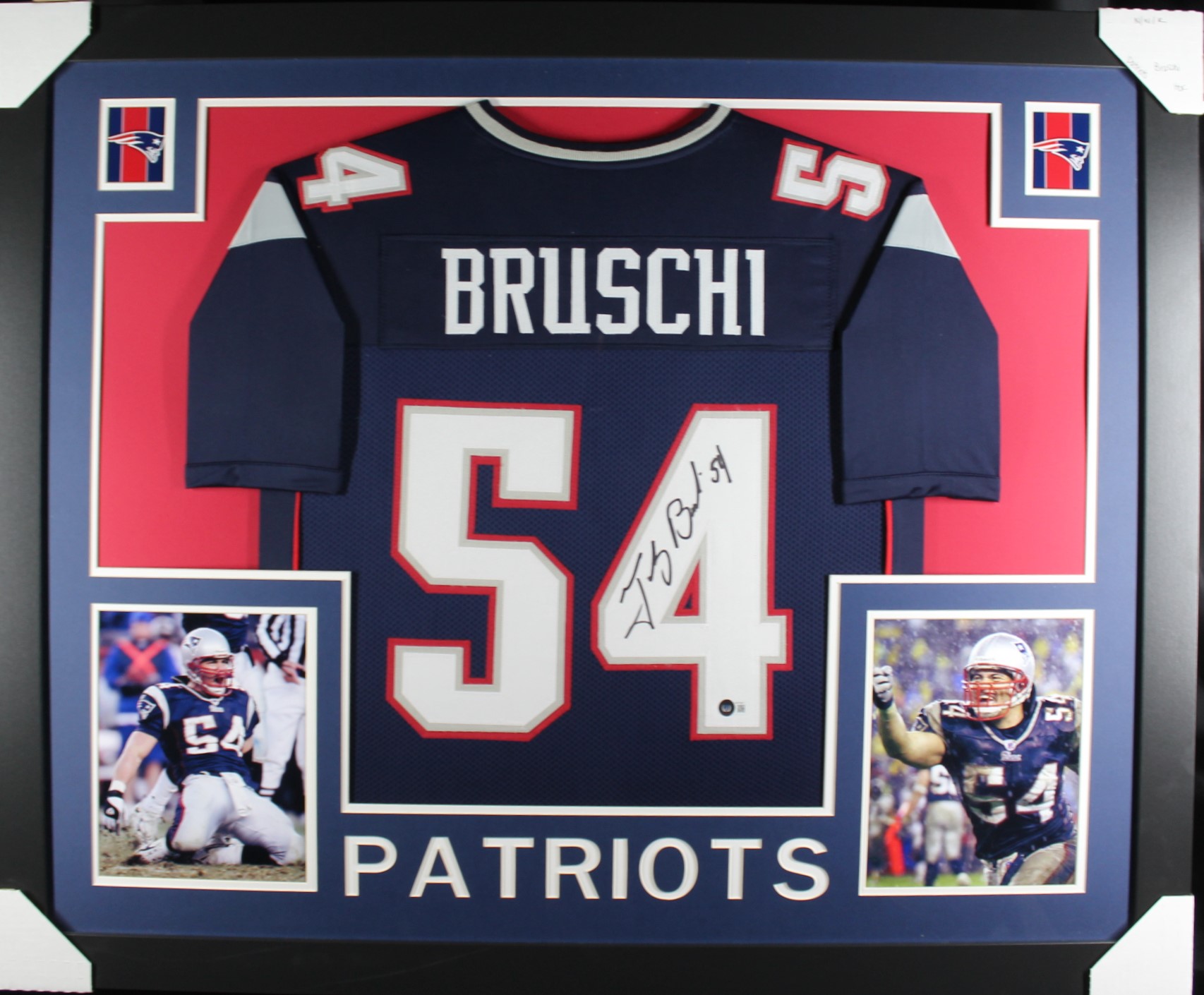Tedy Bruschi Autographed/Signed Framed Pro Style Blue XL Jersey BAS