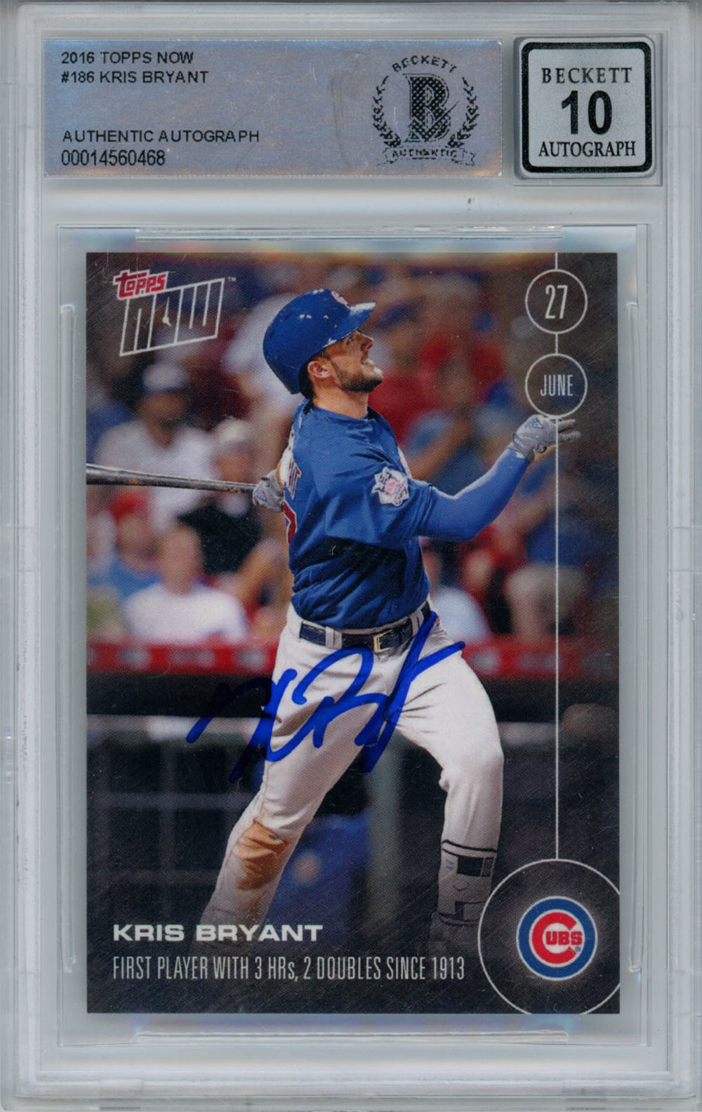 Kris Bryant Autographed 2016 Topps Now #186 Chicago Cubs Beckett 10 Slab