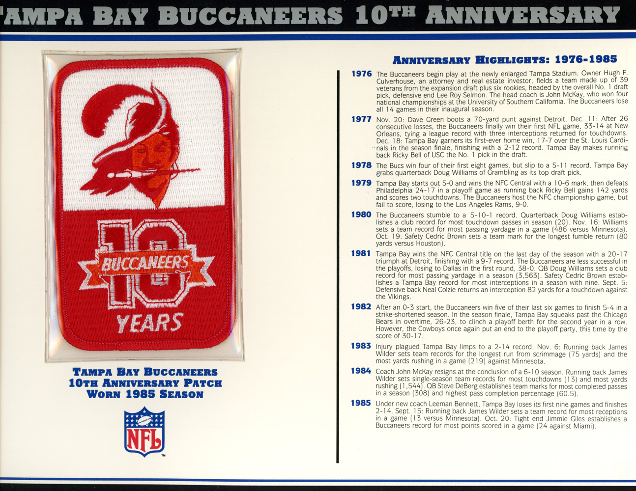 Tampa Bay Buccaneers 10th Anniversary Patch Stat Card Willabee & Ward