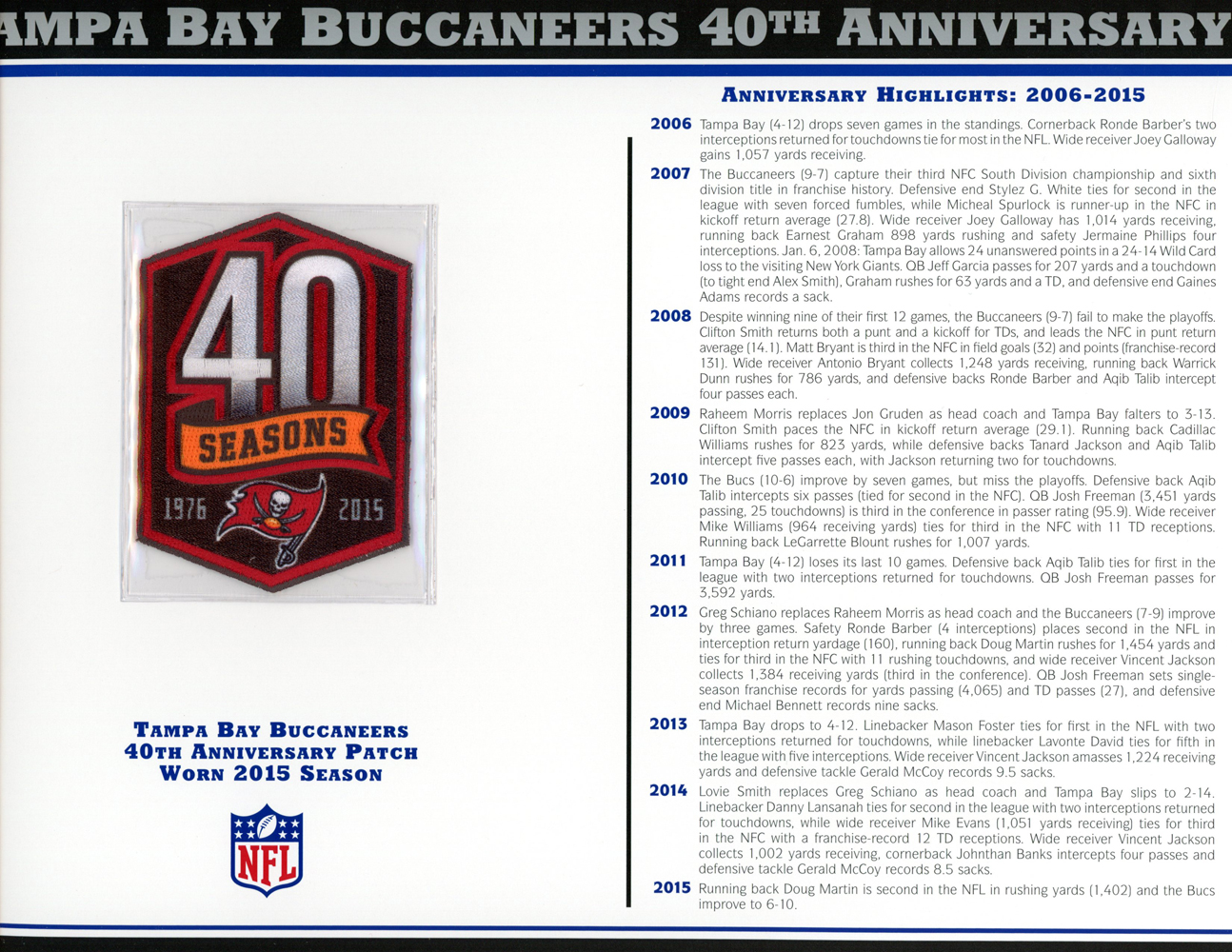 Tampa Bay Buccaneers 40th Anniversary Patch Stat Card Willabee & Ward