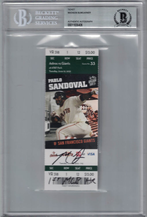 Madison Bumgarner Signed San Francisco Giants Ticket 1st MLB HR BAS Slab 25228