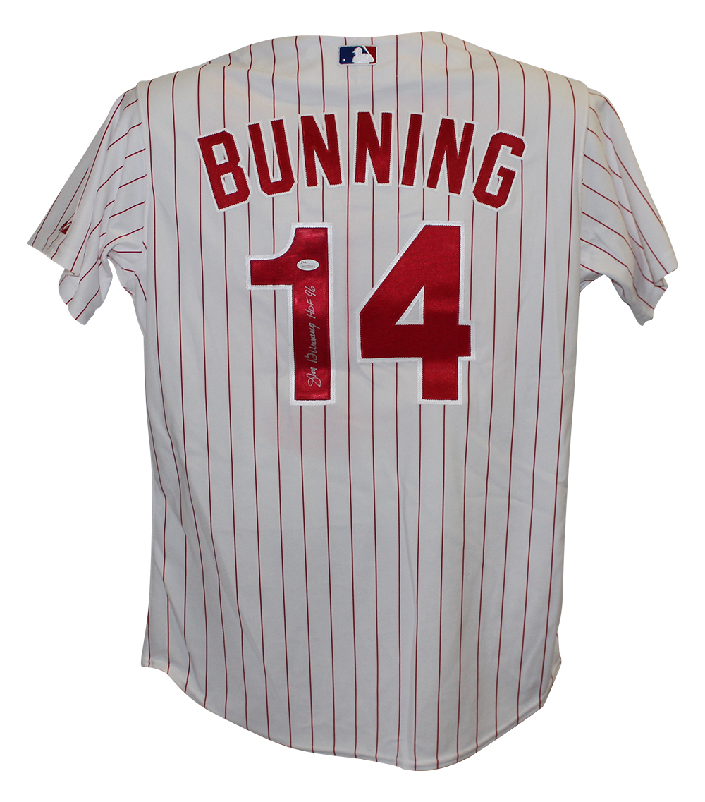 DenverAutographs Jim Bunning Signed Philadelphia Phillies Majestic White 48 Jersey HOF JSA