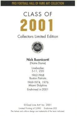 Nick Buoniconti Miami Dolphins Goal Line Art Card Class of 2001 58046