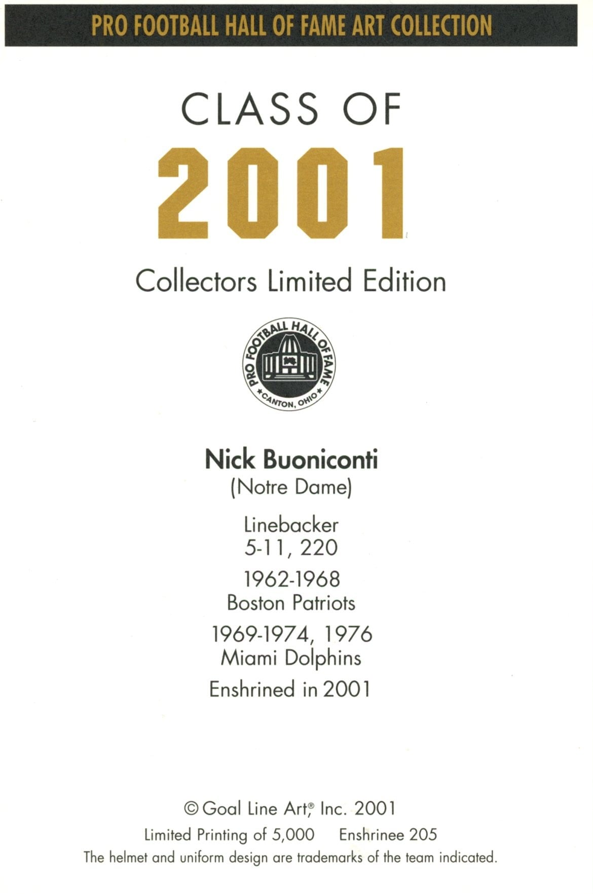 Nick Buoniconti Miami Dolphins Goal Line Art Card Class of 2001 58046 2 Nick Buoniconti Miami Dolphins Goal Line Art Card Class of 2001 58046