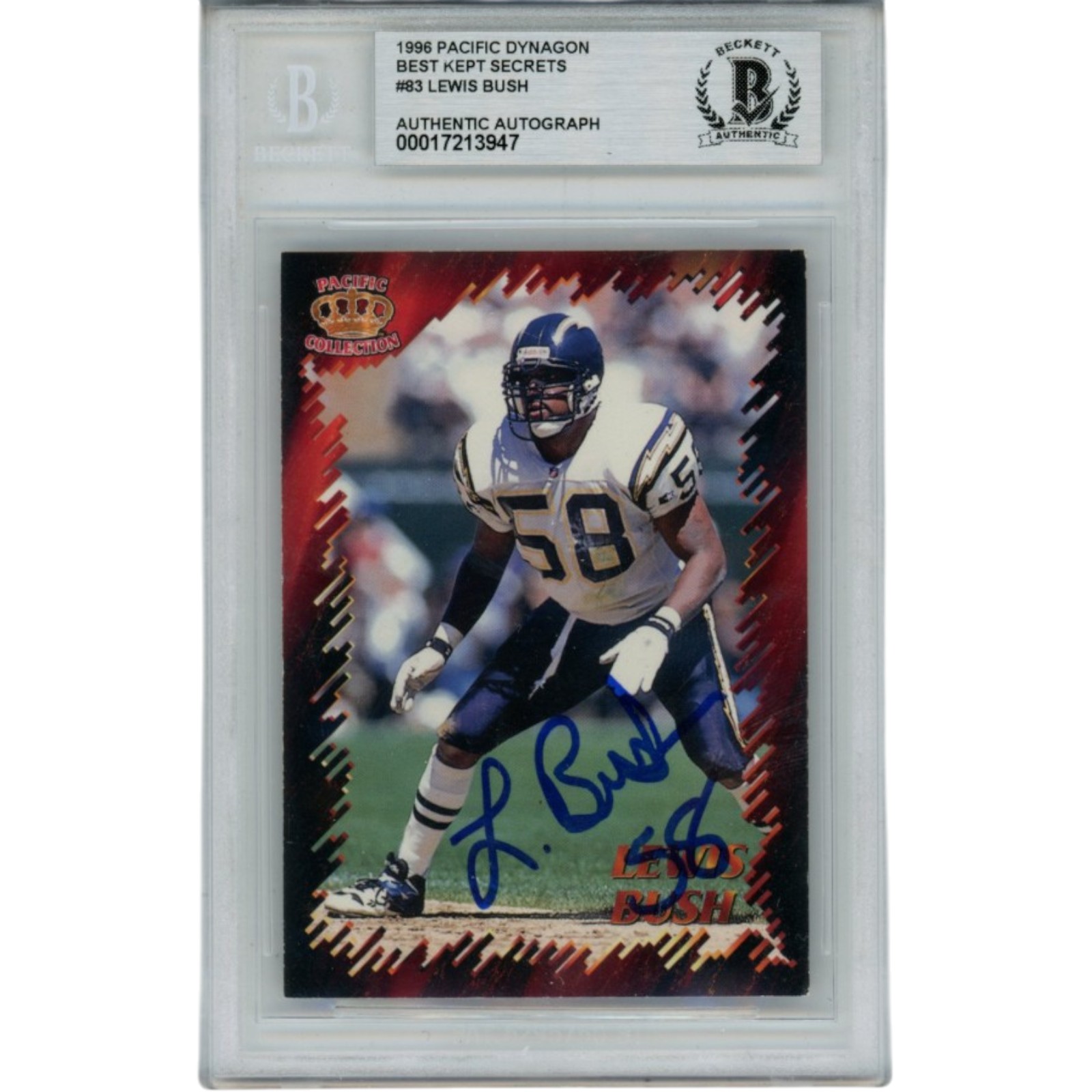 Lewis Bush Signed San Diego Chargers 96 Dynagon Secrets Card Slab Beckett 56118