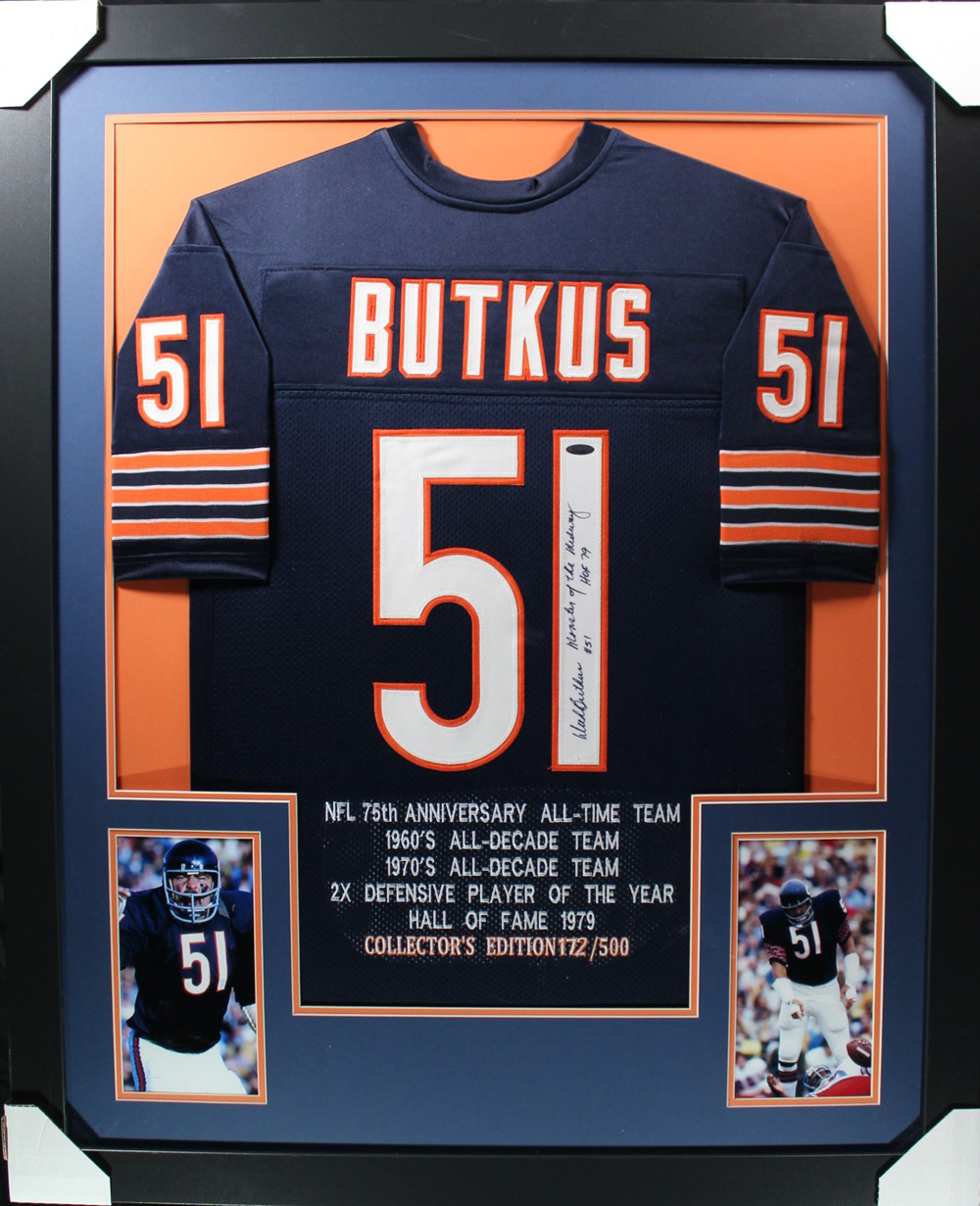 Dick Butkus Autographed/Signed Pro Style Framed Blue XL Jersey Tristar