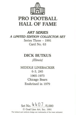 Dick Butkus Chicago Bears Goal Line Art Card Series 3 No. 63 LE /5000 58047