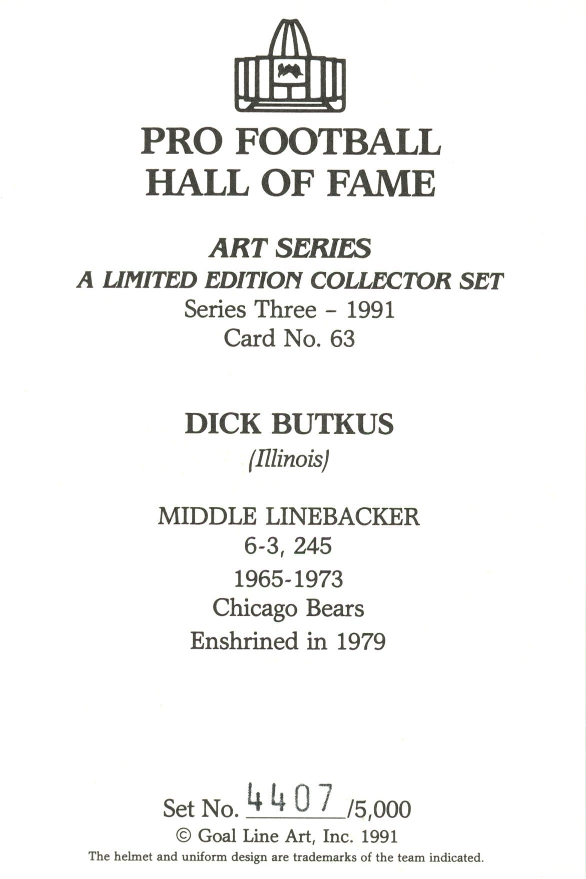 Dick Butkus Chicago Bears Goal Line Art Card Series 3 No Dick Butkus Chicago Bears Goal Line Art Card Series 3 No. 63 LE /5000 58047