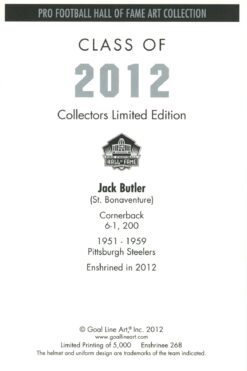 Jack Butler Pittsburgh Steelers Goal Line Art Card Class of 2012 58048