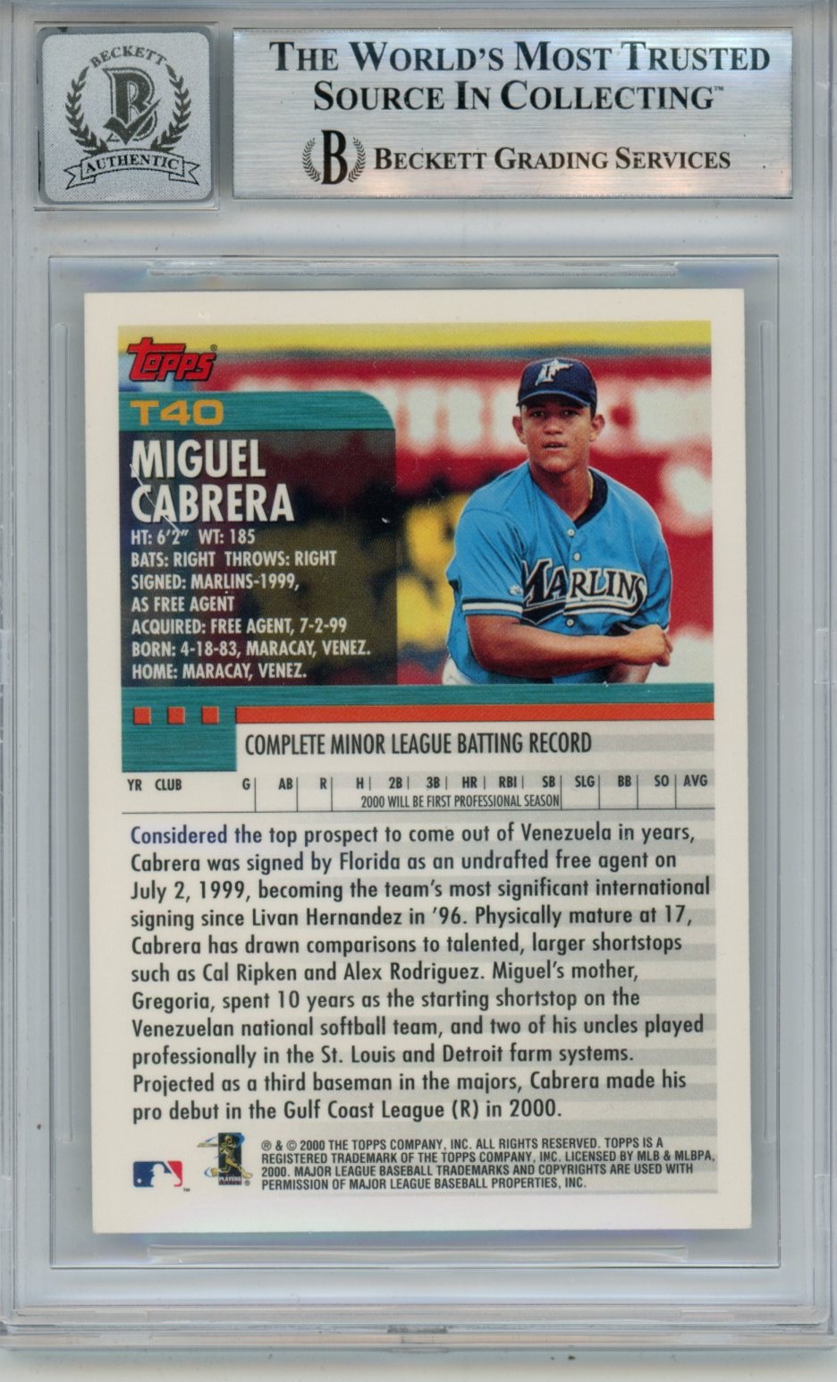 Miguel Cabrera Autographed '00 Topps Traded #T40 10 auto Card Slab Beckett 57066 2 Miguel Cabrera Autographed '00 Topps Traded #T40 10 auto Card Slab Beckett 57066