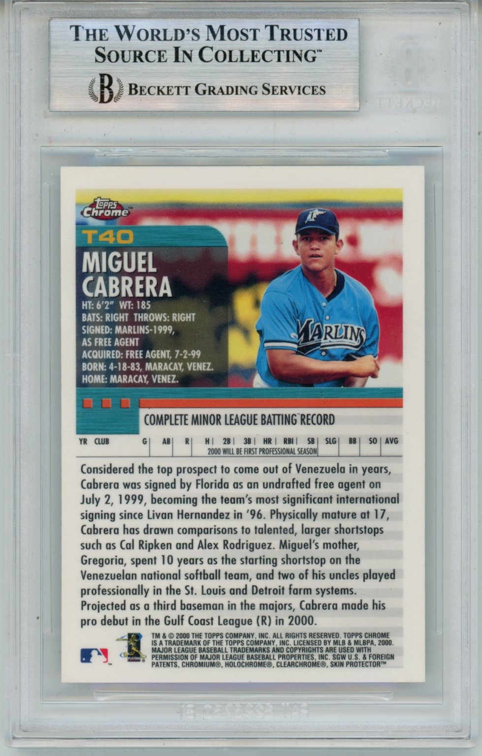 Miguel Cabrera Autographed 2000 Topps Traded Chrome #T40 Card Slab Beckett 57108 2 Miguel Cabrera Autographed 2000 Topps Traded Chrome #T40 Card Slab Beckett 57108