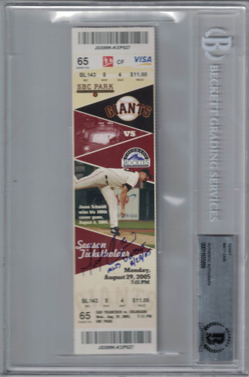 Matt Cain Autographed San Francisco Giants Ticket MLB Debut BAS Slab 25229