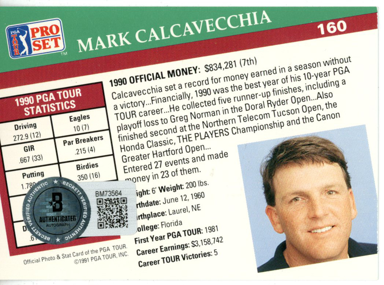Mark Calcavecchia Signed 1991 Pro Set #160 Trading Card Beckett 44842