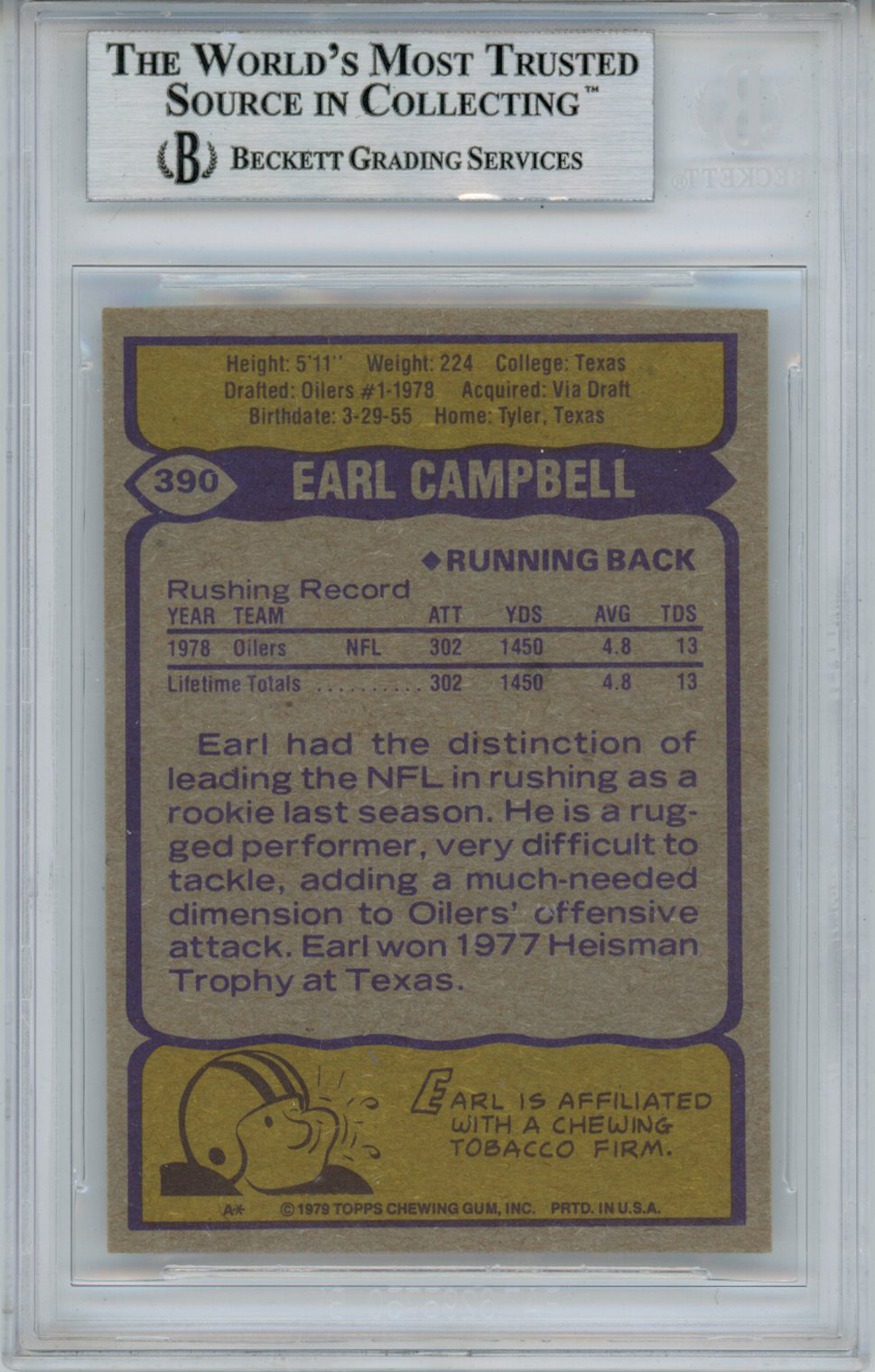 Earl Campbell Signed 1979 Topps #390 Rookie Card HOF Beckett Slab