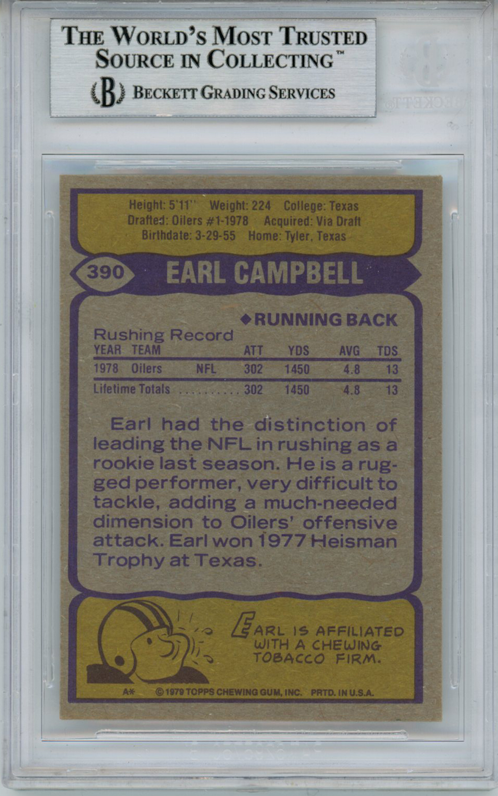 Earl Campbell Signed 1979 Topps #390 Rookie Card HOF Beckett Slab