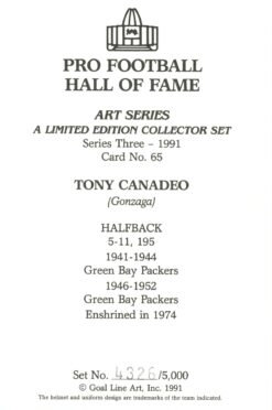 Tony Canadeo Green Bay Packers Goal Line Art Card Series 3 No. 65 LE /5000 58049