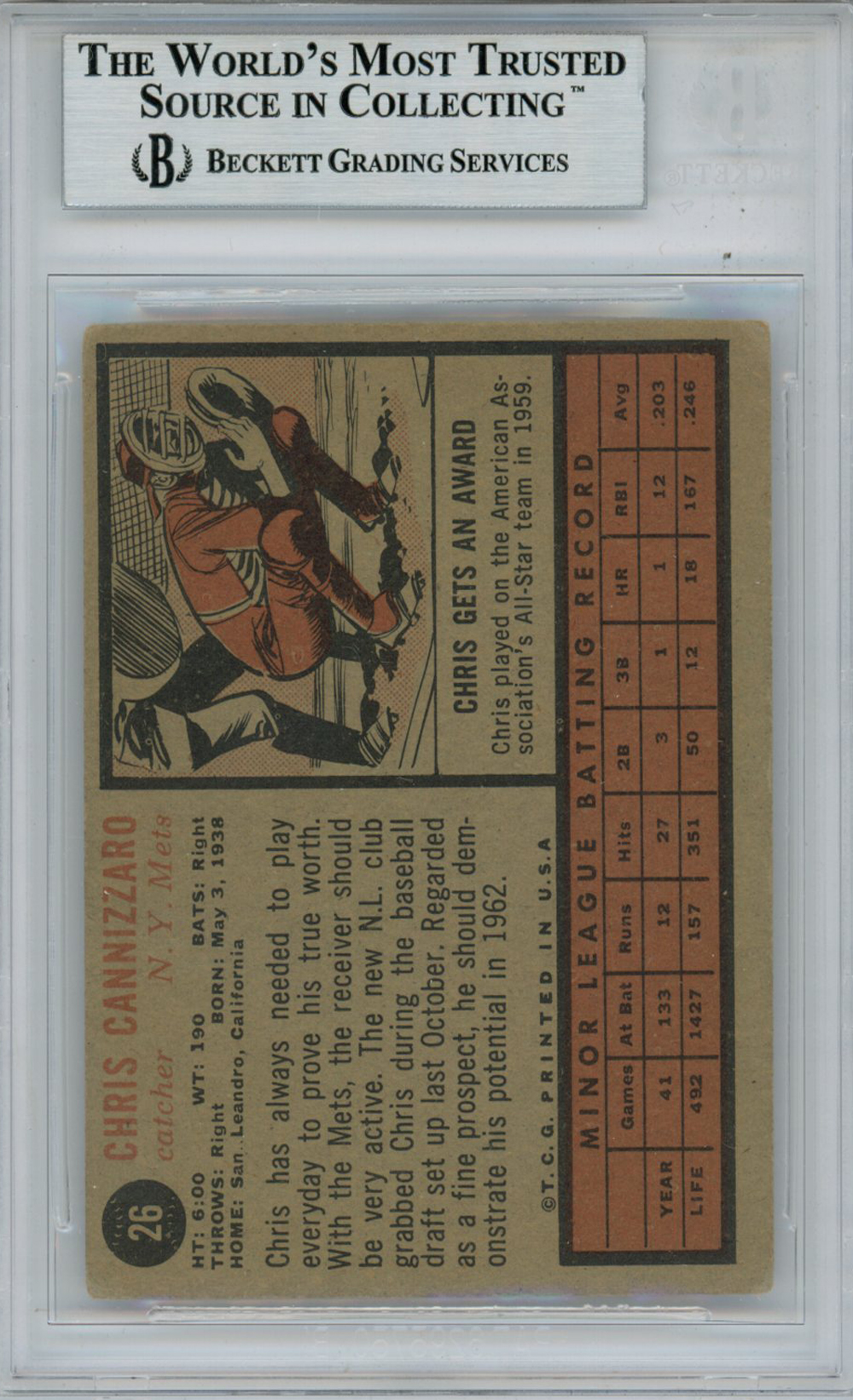 Chris Cannizzaro Autographed 1962 Topps #26 Trading Card Beckett Slab
