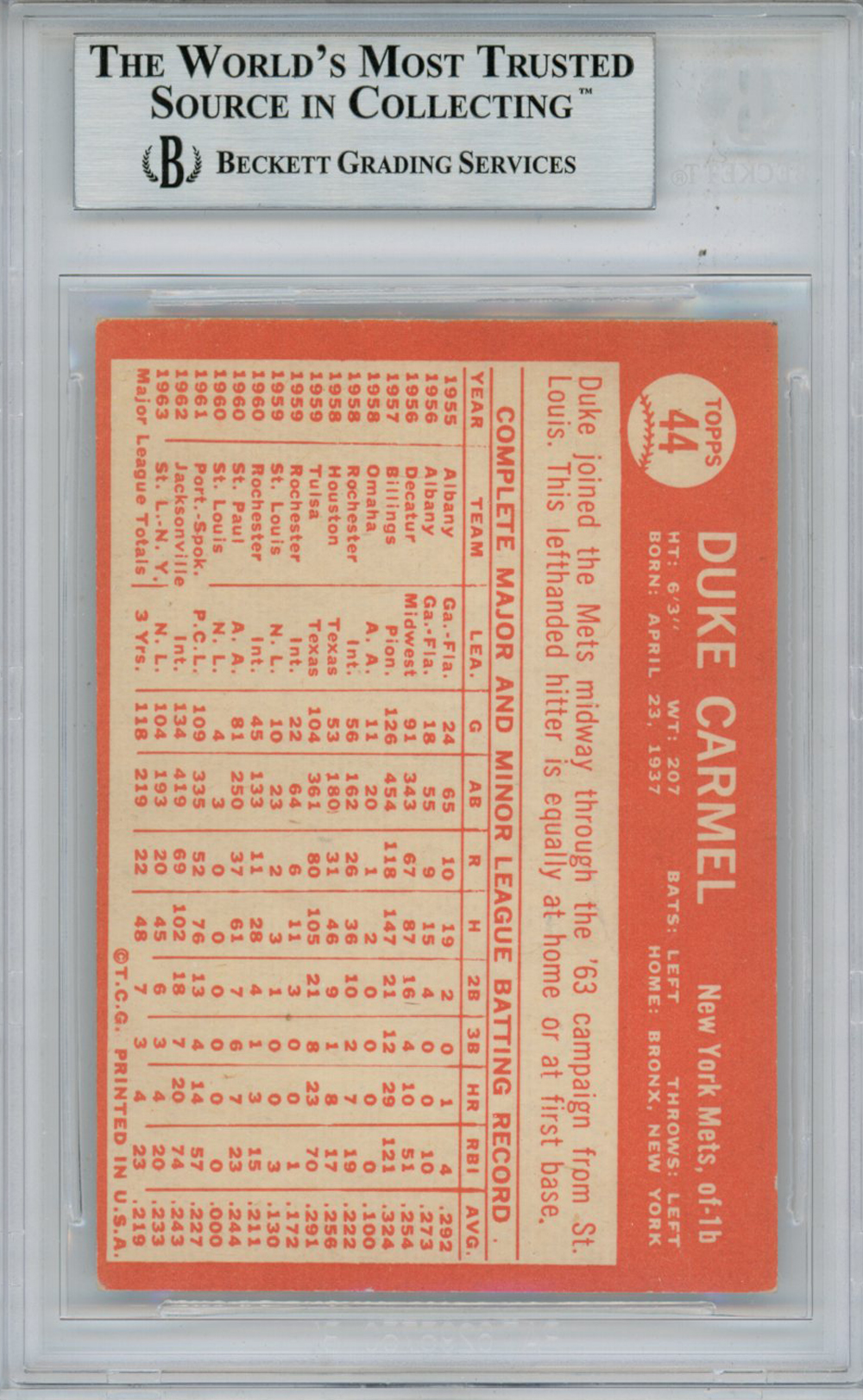 Duke Carmel Autographed 1964 Topps #44 Trading Card Beckett Slab