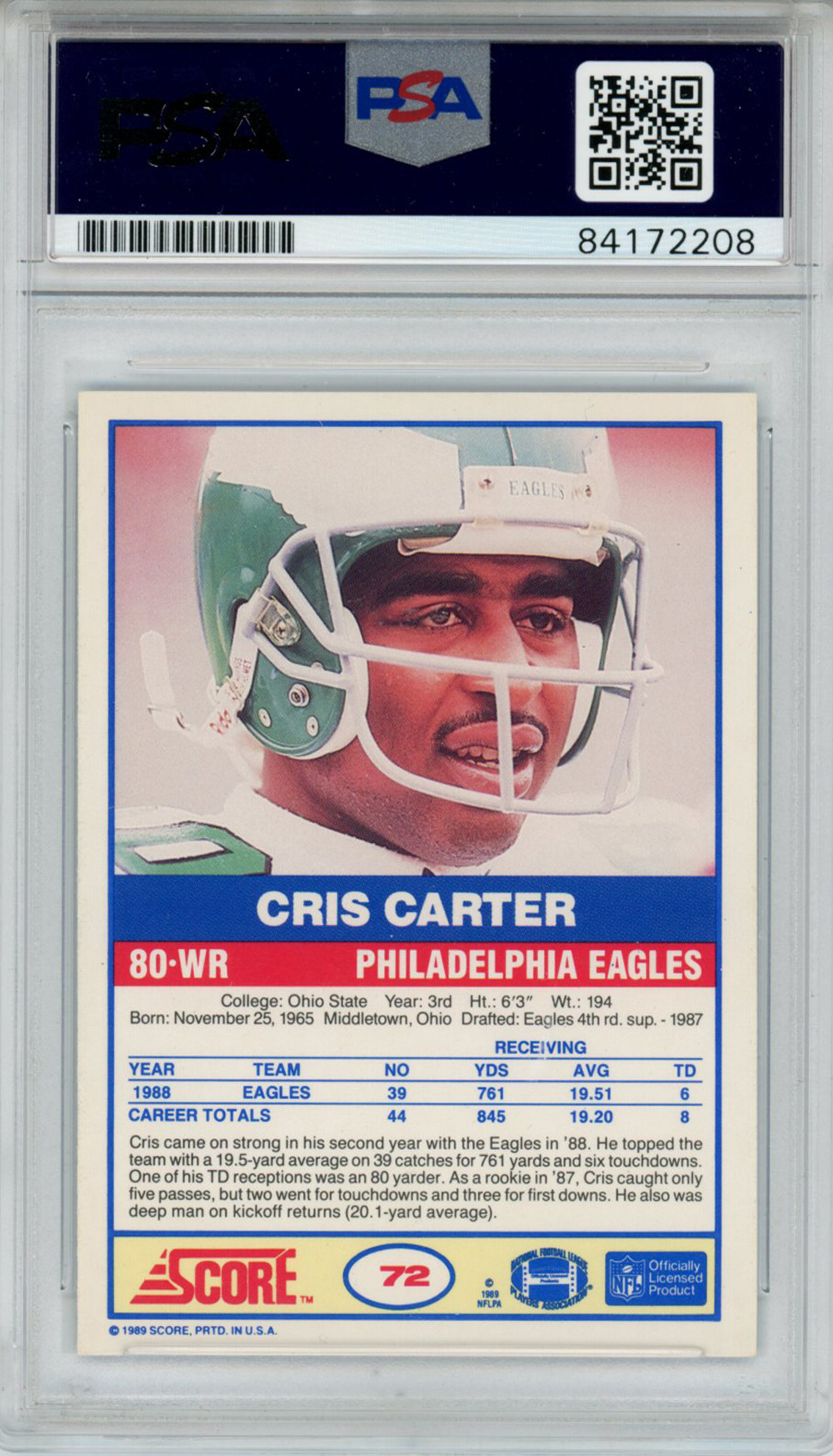 Cris Carter Autographed 1989 Score #72 Rookie Card HOF PSA Slab