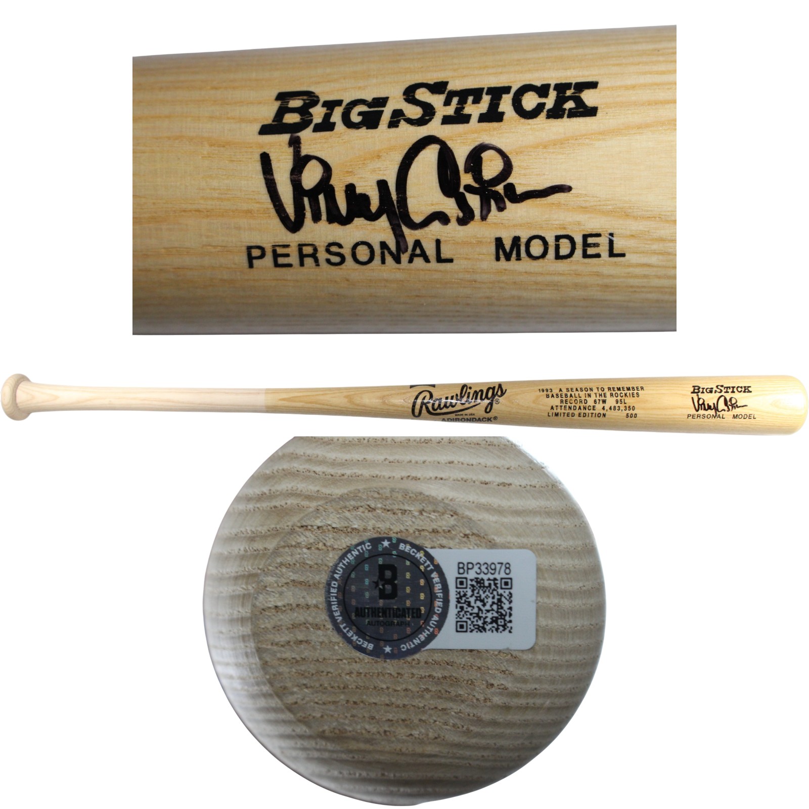 Vinny Castilla Signed Colorado Rockies 1993 Season To Remember Bat Beckett 53420