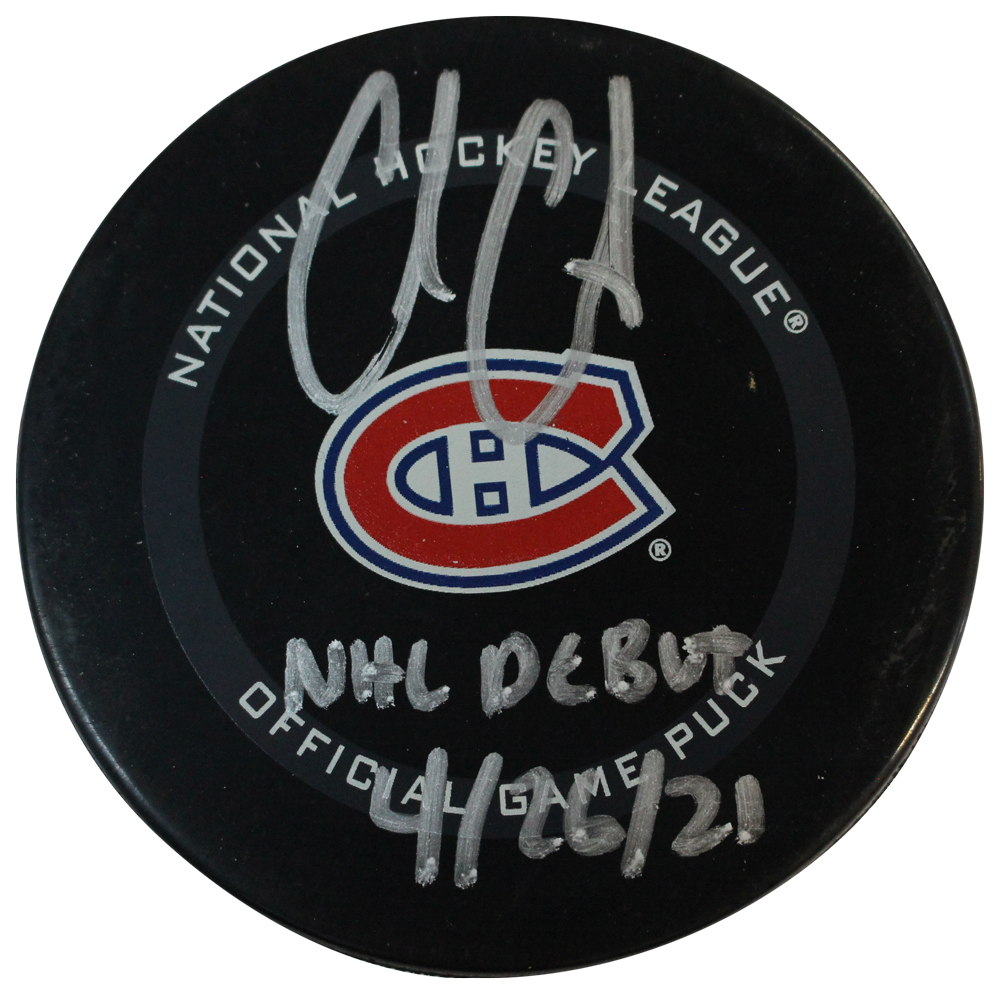 Cole Caufield Signed Montreal Canadiens Hockey Puck NHL Debut Fanatics