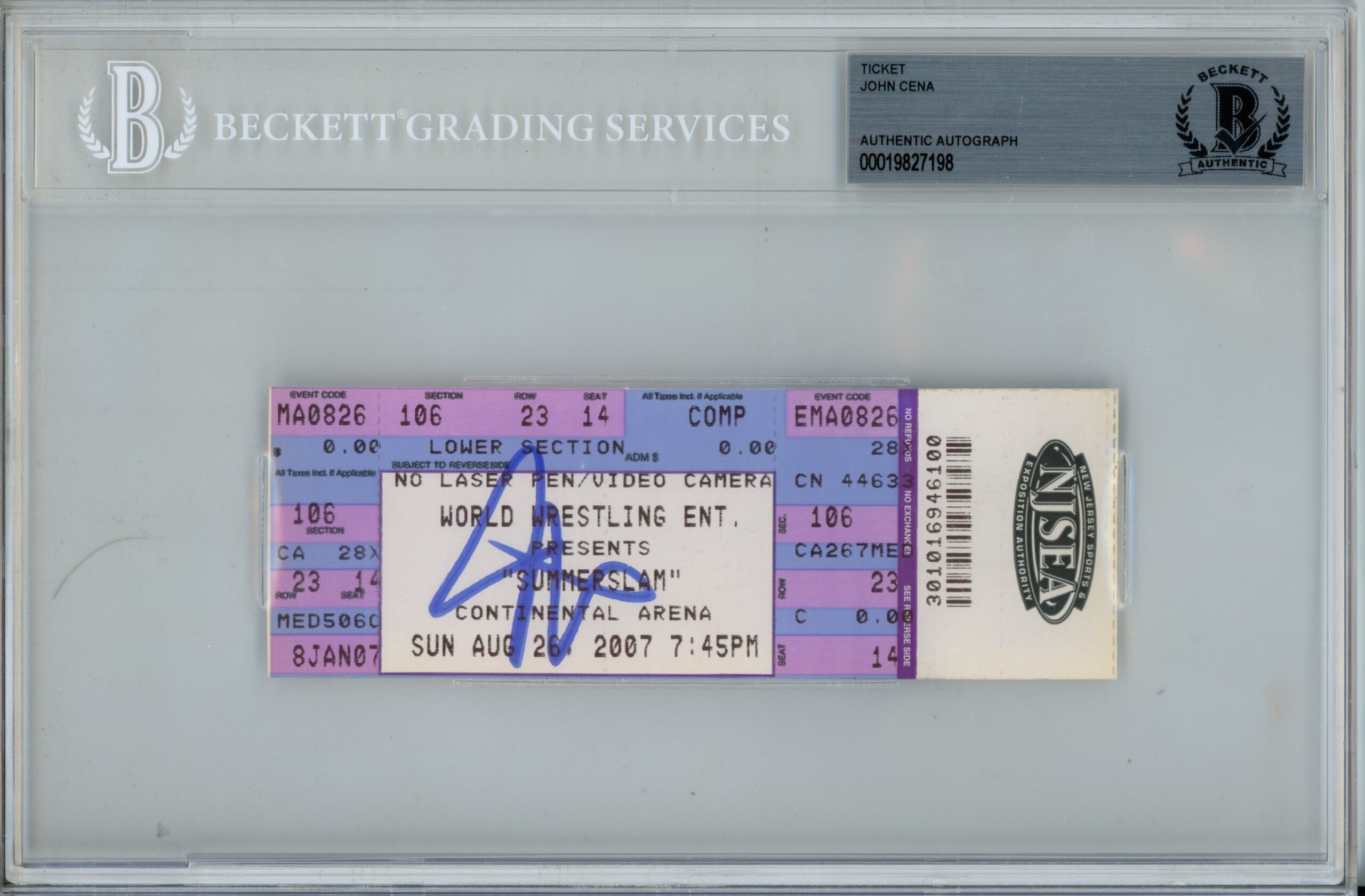John Cena Autographed WWE Summerslam 08/26/2007 Ticket Slab Beckett 57195 1 John Cena Autographed WWE Summerslam 08/26/2007 Ticket Slab Beckett 57195