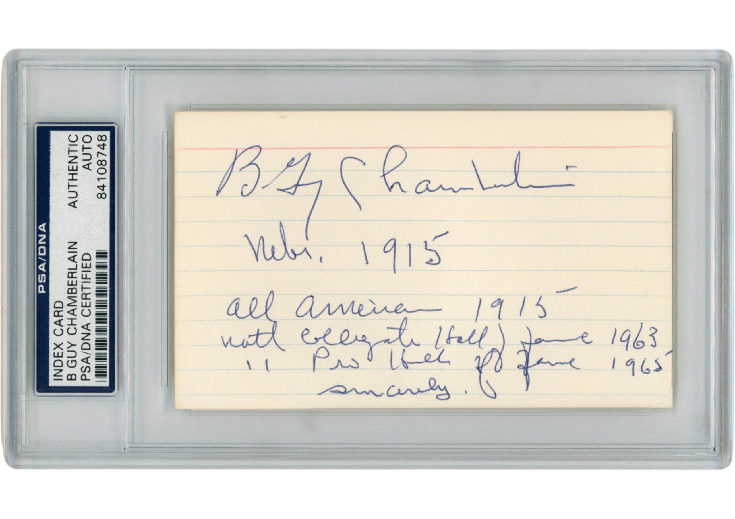 Guy Chamberlain Autographed Canton Bulldogs Index Card 4 Insc. Slab PSA 54909