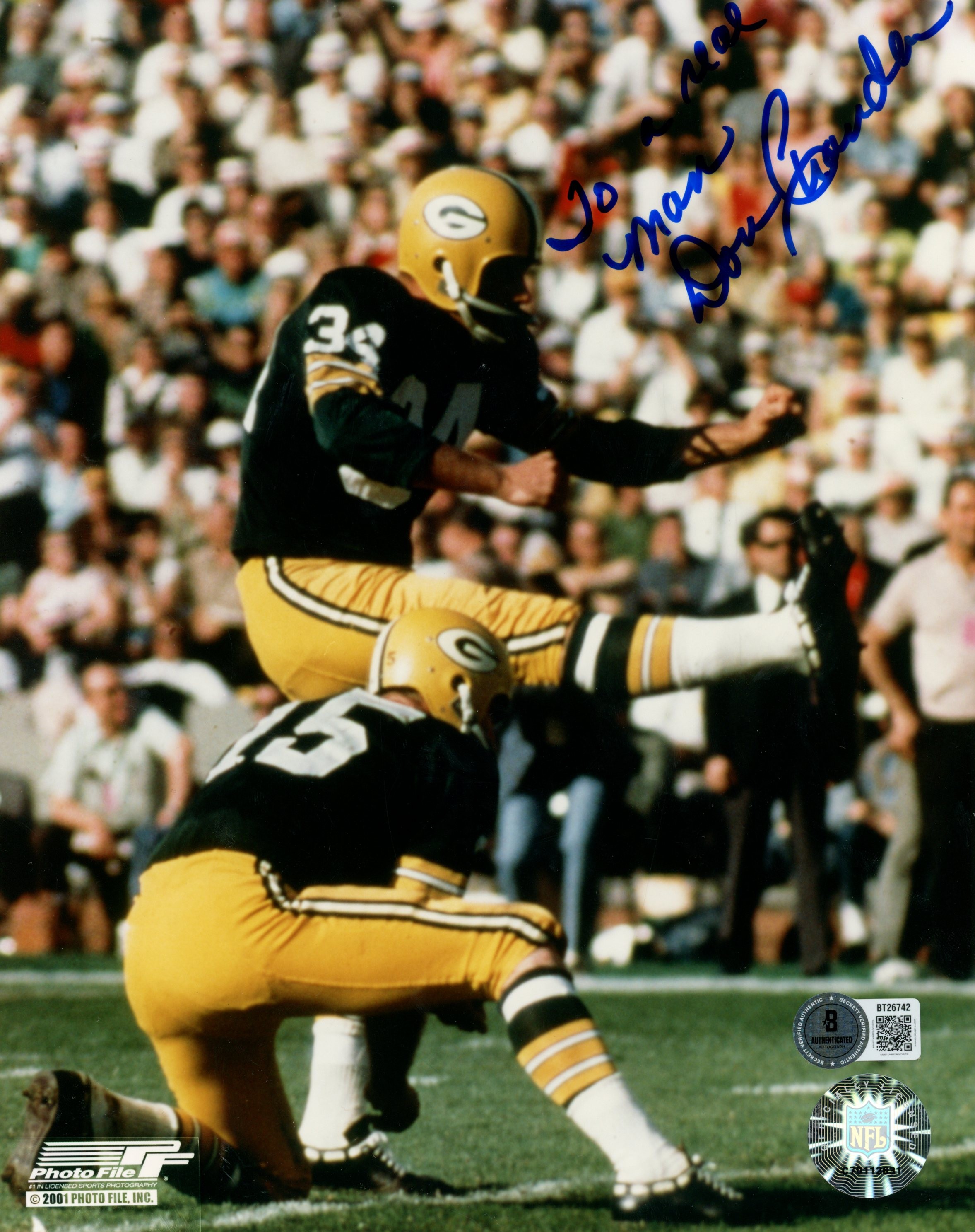 Don Chandler Autographed Green Bay Packers 8x10 Photo To Real Man Beckett 56813
