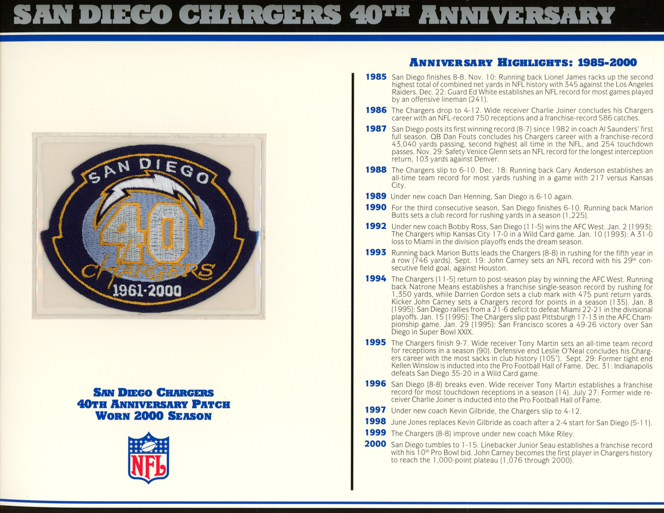 San Diego Chargers 40th Anniversary Patch Stat Card Official Willabee & Ward