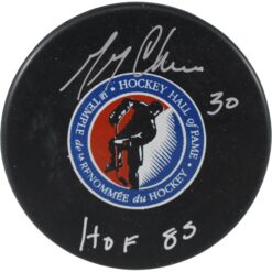 Gerry Cheevers Autographed/Signed Hockey Hall of Fame Logo Puck HOF 85 JSA 53968